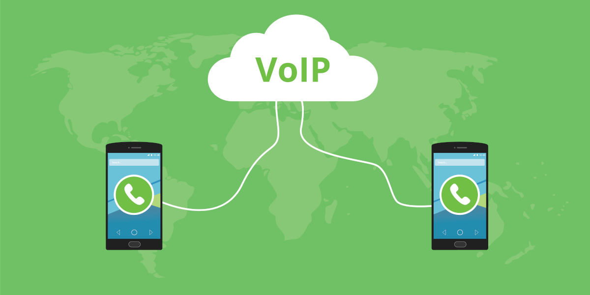 Two smartphones connected by a cloud with the word VoIP in it