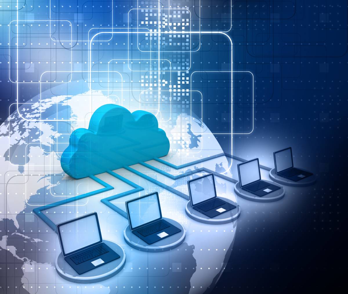 Cloud connnection to multiple laptops throughout the globe.