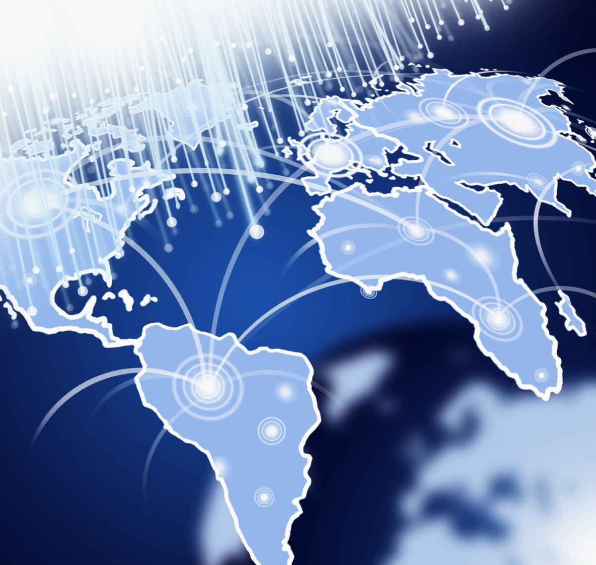 A blue and white map of the world, with white lines connecting blips to symbolize connectivity.