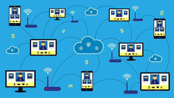 blue background with cloud in the center connected to multiple electronic devices