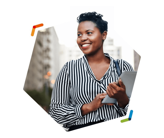 An African American woman holding a tablet