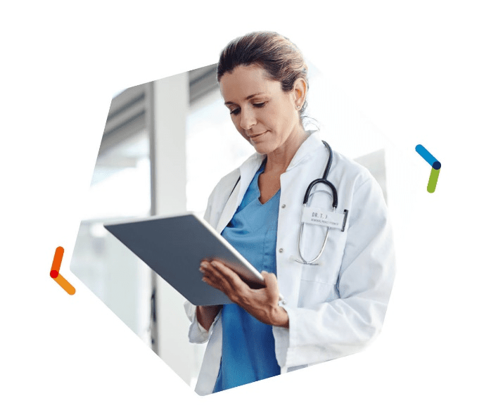 A female doctor holding a clipboard