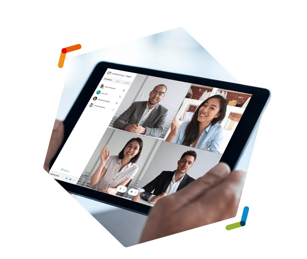 Hands holding a tablet showing four people on a video call