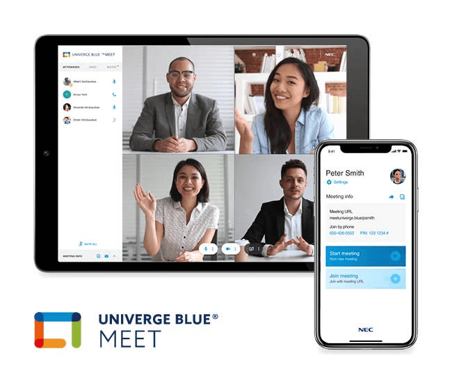 Tablet displaying four-person video call using Univerge Blue Meet